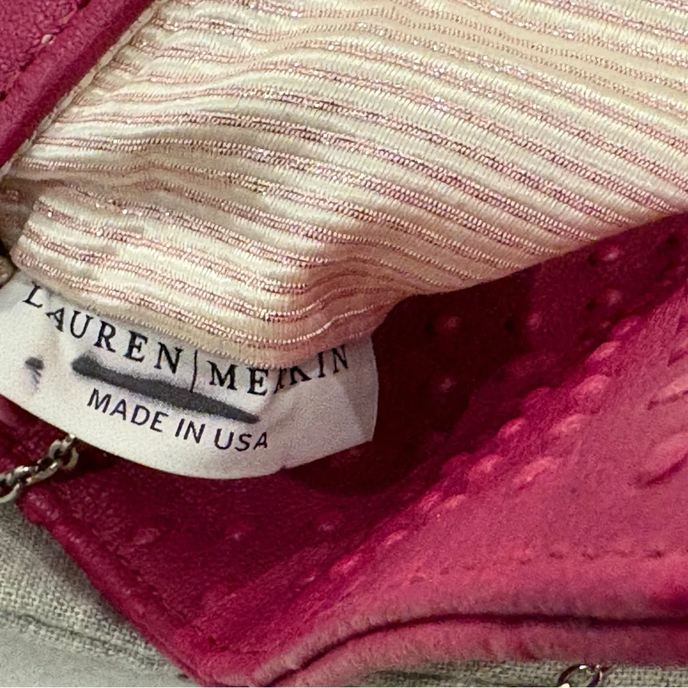 Lauren Merkin Pink Ostrich Leather Clutch With Silver Chain Strap
